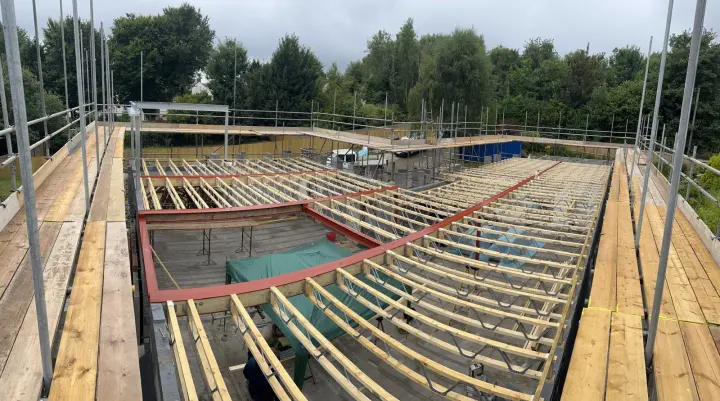 Roof joists installed around the steel frame