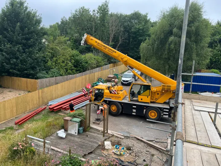 Structural steel installation on site
